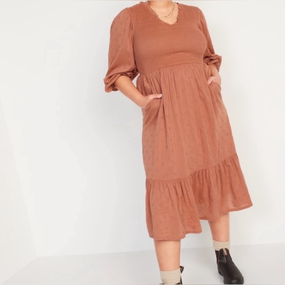 Old Navy Long Sleeve Fit Flare Smocked Midi Dress Brown Rustic Western Farmhouse - Picture 4 of 11